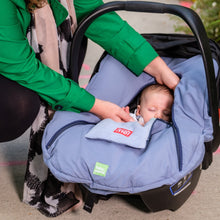 baby parka blue car seat cover shown on seat with newborn