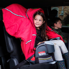 baby parak red toddler coat on 4 year old in booster seat in van