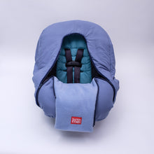 baby parka car seat cover blue shown on car seat unzipped