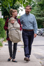 baby parka stone carrier coat mom wearing year old outward facing, lovely couple on walk, as seen on dragon's den