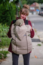 baby parka stone carrier coat as seen on Dragon's Den, one year old facing inward, mom wearin baby